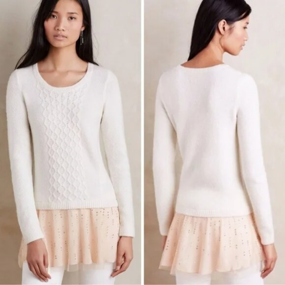 Anthropologie Knitted & Knotted Ivory Tunic Sweater Jeweled Tulle size XS - Picture 1 of 11